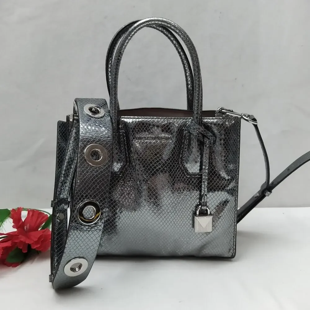 MICHAEL KORS Mercer Metallic Gray Leather Snakeskin Embossed Crossbody Bag